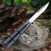 Squid Industries Krake Raken V3 Weehawk KRAKERAKEN WEEHAV3-BLK — 4.50 in AEB-L satin weehawk blade deployed, black aluminum balisong handles open