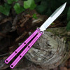 Squid Industries Krake Raken V3 Weehawk KRAKERAKEN WEEHAV3-PRP — 4.50 in AEB-L satin weehawk blade deployed, purple aluminum balisong handles open