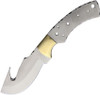 Knifemaking Guthook Blade Blank BL138 — 4.5" satin stainless steel guthook blade with integrated brass finger guard
