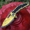 Heretic Knives Medusa Manual H009-CS-YW open — CPM MagnaCut Cerakote yellow tanto blade, yellow titanium handle, black grip inlays, Frame Lock