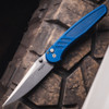 Pro-Tech Avalon Peace Neighbor Battleworn Blue PN1101-BW — open, CPM-MagnaCut stonewash blade tip, knurled blue aluminum handle