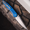 Pro-Tech Avalon Peace Neighbor Battleworn Blue PN1101-BW — open, full blade and knurled blue handle profile, blasted hardware