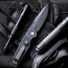 Pro-Tech TR-3 X1 Military Issue TR-3 X1 M — open, fish scale handle texture and secondary slide safety detail, DLC black blade