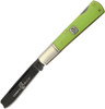 Rough Rider Zombie Nick Razor Lockback (RR1451) shown open at a diagonal angle against a white background. The 2.50-inch 440A stainless steel one-arm razor blade features a black coating with Zombie Nick branding and mascot laser etched on the flat. The handle is smooth polished zombie green synthetic with brass pins and a nickel silver bolster at the pivot. A custom Zombie Nick emblem shield inlay is visible on the center of the handle scale.