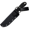 TOPS Badger Creek Bowie TPBRCK01 — knife seated in black Kydex sheath with leather dangler clip attachment