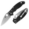 Spyderco Manix 2 (C101GP2) shown in both open and closed positions against a white background. The open knife displays the 3.37-inch MagnaMax full flat grind plain edge blade with the Trademark Round Hole visible at the pivot. The peel-ply textured black G-10 handle with full stainless steel liners is visible on both views. The reversible tip-up ambidextrous pocket clip is visible on the closed knife.