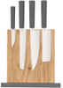 Butterfork Modern Kitchen Set BF01WSDG — four AR-RPM9 polished stainless knives mounted on magnetic natural oak vertical stand, dark gray ABS handles