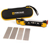 Work Sharp Guided Field Sharpener Elite (WSGFS-ELT) shown at an angle against a white background. The sharpener body with yellow Work Sharp branding and the magnetic diamond plate abrasives are visible. The built-in angle guide ridges along the abrasive face are visible in this view.