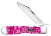 Case Cheetah Cub (16166) shown in the closed position against a white background. The handle is smooth Pink Crackle Kirinite with color depth and surface variation visible across the acrylic composite. Nickel silver bolsters are visible at both ends and the Case shield inlay sits at the center of the handle scale. The nail nick on the mirror polished Tru-Sharp stainless clip point blade is visible at the pivot. The swing guard is visible at the bolster. The lockback spine is visible on the handle.