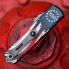 Microtech UTX-85 4th of July 250th Anniversary closed, back view showing tip down pocket clip and glass breaker tail