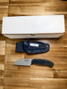 SCAR Blades Hawkeye Gray knife and box packaging shown together with black Micarta handle and Kydex sheath