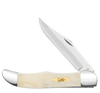 Case Large Folding Hunter pocket knife (11024) shown against a plain background, featuring a Smooth Natural Bone handle over brass liners and pins, highly polished nickel silver bolsters, a brass bombshell script inlay shield, and a 4.00-inch mirror-polished clip point blade in Tru-Sharp Surgical Stainless Steel.
