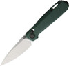 Karbon Terminal G10 folding knife in OD green, fully open showing silver satin drop point blade