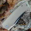 Boker Plus Kazy 01BP0068 Coyote Tan G-10 handle — ergonomic contour, front flipper, blade hump, Liner Lock, ball-bearing pivot, 2.43 oz