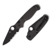 A Spyderco ButtonUp Black Carbon Fiber/G-10 folding knife shown with the blade deployed, highlighting the 8Cr13MoV black oxide CombinationEdge blade alongside the carbon fiber/G-10 laminate handle and reversible hourglass clip.