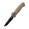 A Benchmade Shootout Ranger Green out-the-front automatic knife shown with the blade deployed, highlighting the S30V black DLC tanto blade alongside the Ranger Green Grivory handle and hardened carbide glass punch in the pommel.