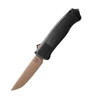 A Benchmade Shootout CF-Elite out-the-front automatic knife shown with the blade deployed, highlighting the S30V Flat Dark Earth PVD tanto blade alongside the lightweight CF-Elite handle and hardened carbide glass punch.