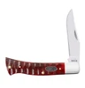 A Case Axe Handle® 51546 folding knife shown open. The 3.05-inch Tru-Sharp™ Surgical Stainless clip blade is deployed with a mirror polish finish; the slip joint construction is visible with no locking mechanism. The Gator Jigged Old Red Bone handle scales display the alligator-skin-inspired jigging pattern — a deep, aggressive scale-like texture across the natural bone surface — with the Case XX USA Shield inlaid on the handle. Natural bone color, grain, and jig depth vary per individual knife. Closed length 4.0 inches, weight 2.9 oz. Inspired by Bill Ruple. Made in Bradford, PA, USA.