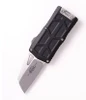 A Microtech Exocet® II 1156-10 double-action OTF money clip shown with blade deployed. The 2.34-inch Wharncliffe blade is visible in stonewash finish; the straight primary edge running parallel to the handle spine and the curved spine descending to a fine tip are clearly visible. The black handle frame functions as the money clip — shown at 0.39 inches thin and 1.48 inches wide. The double-action thumb slide for OTF deployment and retraction is visible on the handle. Overall length 5.69 inches. Made in the USA by Microtech Knives. ⚠️ OTF automatic — legal where permitted.