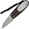 The CIVIVI Purr (C25054-5) shown with its 1.83-inch Nitro-V stonewashed reverse tanto blade, tri-color orange, black, and white G10 handle scales, and its tip-up ambidextrous pocket clip with black paracord lanyard attached. Designer Ostap Hel built the profile around his cat Bombur — the two pivot screws sit like eyes, the closed front and top flippers form the ears, and the wire clip becomes the tail.