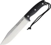 The Joker Bushcamp (JKRCM146) shown with its 7.88-inch Bohler N695 clip point blade in a satin finish, black and gray micarta handle over full-tang construction with red liners, and its black leather belt sheath. Two meters of 550 paracord are included alongside the boxed knife, along with the lanyard hole at the base of the handle.