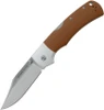 The Cold Steel Mackinac Hunter (CS-FL-36MAK-BRST) shown with its 3.6-inch AUS-10A hollow-ground clip point blade, ergonomic brown Micarta handle scales, and its ambidextrous thumb stud opener. The Tri-Ad® Lock mechanism is visible along the spine of this heritage-styled hunting folder.