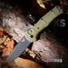 The Benchmade Claymore 9070BK-03 push-button automatic open, showing its 3.6-inch Cerakote-finished 154CM drop-point blade, textured Ranger Green Grivory handle, push button with integrated safety, and black oxide deep-carry pocket clip.