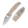 The Spyderco Bodacious is shown open in profile, with a satin full-flat ground blade and Spyderco's Round Hole. The handle has smooth brown canvas Micarta scales over stainless steel liners, with a pocket clip.