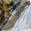 Tops Tom Brown Tracker #2 (TPTBT02TAN) 5" 1095 Coyote Tan Coated Clip Point Plain Blade w/ Sawback, Green Canvas Micarta Handle, Coyote Tan Kydex Sheath