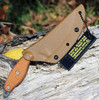 TOPS Knives Lioness Rockies Edition (TPLIONTBF) 4.13" 1095 Stonewashed Trailing Point Plain Blade, Tan Canvas Micarta Handle, Coyote Tan Kydex Sheath