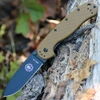The ESEE Avispa (BRK1302CBB) shown with its 3.50-inch D2 drop point blade in a black finish and flat grind, Coyote Brown polymer handle with steel frame lock, and pocket clip for tip-up or tip-down carry.
