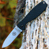 The ESEE Zancudo (BRKR2) shown with its 2.94-inch D2 drop point blade in a stonewash finish and flat grind, black polymer handle with steel frame lock, and reversible pocket clip for tip-up or tip-down carry.