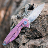 Rike Knife MINI Hummingbird Framelock, 1.57" Damascus Plain Blade, Pink Titanium Handle