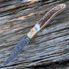 Damascus 1087 Folder, 3" Damascus Plain Blade, Stag Handle