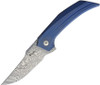Reate Knives 019 Strar Boy Framelock Damascus Blue Titanium, 3.25 in Damascus Plain Blade