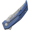 Reate Knives 019 Strar Boy Framelock Damascus Blue Titanium, 3.25 in Damascus Plain Blade