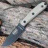 The ESEE-4HM (ESEE-4HM-K) shown with its 4.38-inch 1095 plain edge drop point blade in a black finish and flat grind, tan canvas Micarta handle with a smooth rounded pommel, and its black Kydex sheath with belt loop.