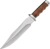 Boker Magnum Giant Bowie 02MB565 profile view showing 8.15 inch 440A satin clip point blade and stacked leather handle with stainless guard and pommel.