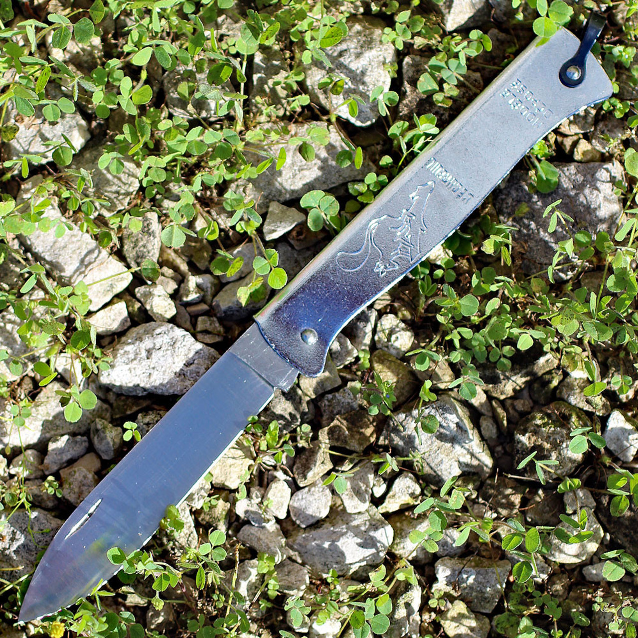 Douk-Douk Folder - Squirrel. 3 5/16" carbon steel blade. Silver finish folded steel handles with bail.