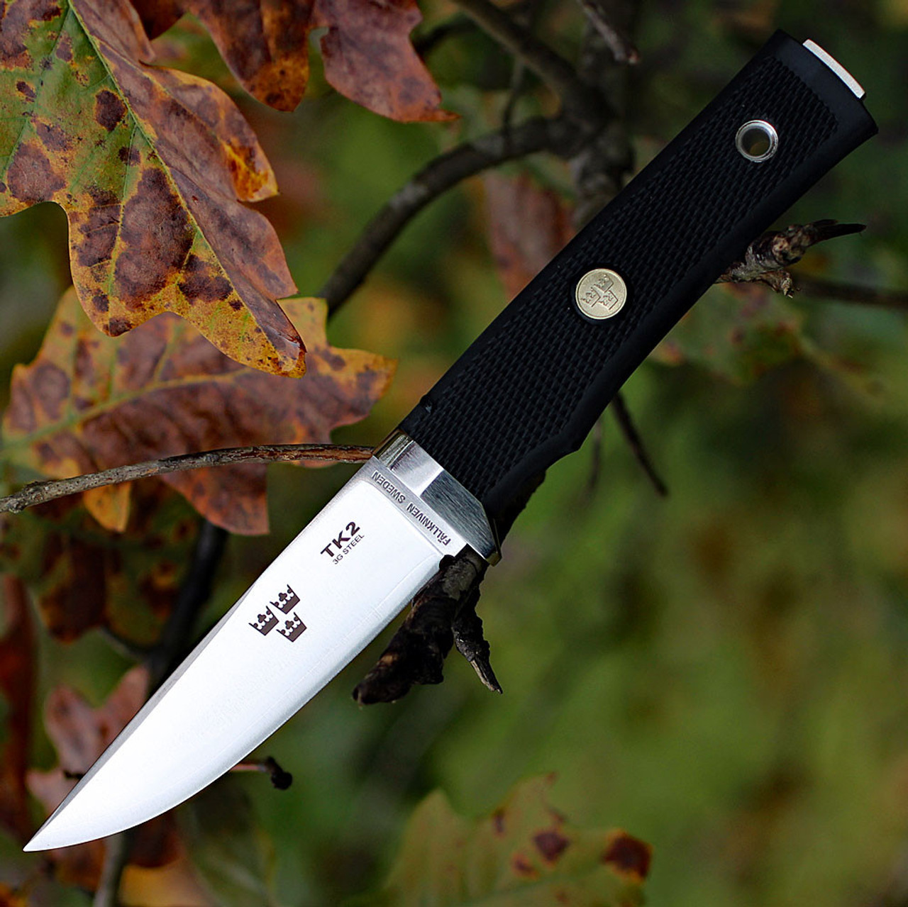 Fallkniven Tre Kronor (FNTK2Z) 4" 3G Satin Straight Back Plain Blade, Black Thermorun Handle, Zytel Sheath