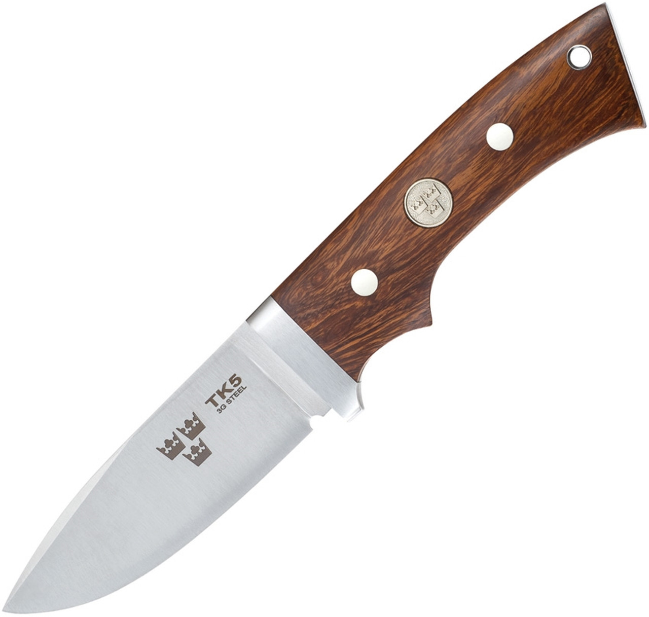 Fallkniven Tre Kronor De Luxe Hunter (TK5) 3.14" 3G Drop Point Plain Blade, Desert Ironwood Handle, Leather Sheath