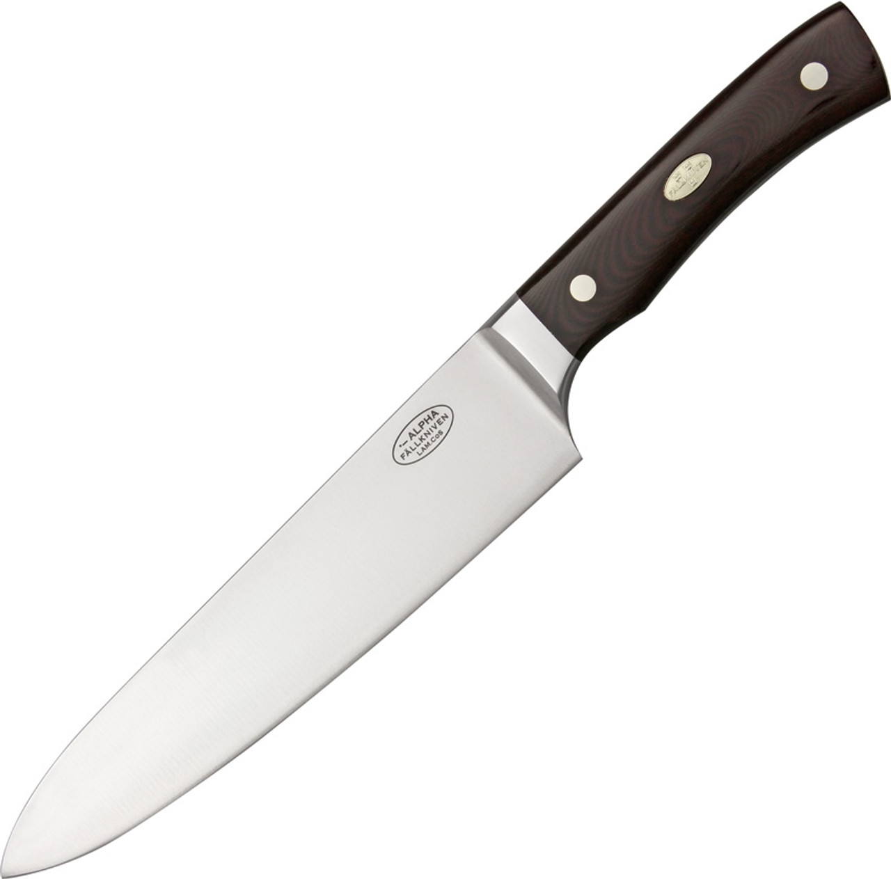 Fallkniven CMT Alpha Chefs Knife (FNALPHA) 8" LamCoS Satin Drop Point Plain Blade, Maroon Micarta Handle