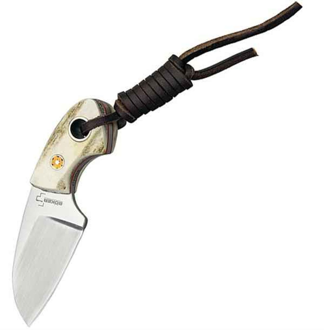 Boker Plus VOX Gnome (02BO268) 2.0" 440C Satin Wharncliffe Plain Blade, Stag Bone Handle, Brown Leather Sheath