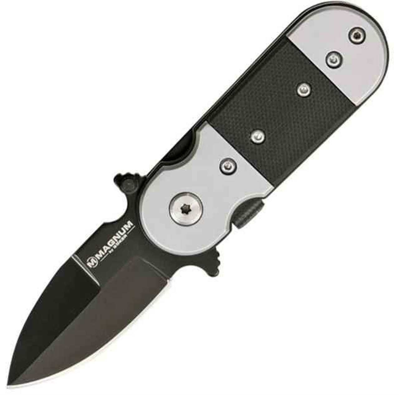 Boker Magnum Black Lightning (01SC148N) 1.97" 440 Black Spear Point Plain Blade, Matte Finished Stainless Handle with Black G-10 Inlay