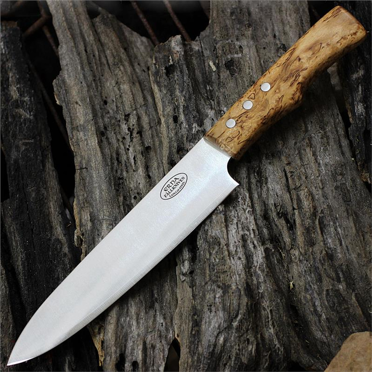 Fallkniven Erna Barbeque Knife (SK18) 7" Lam.CoS Satin Drop Point Plain Blade, Curly Birch Handle