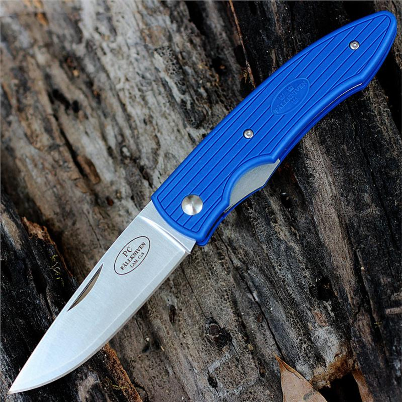 Fallkniven PC Lightweight Folder (FNPCRB) 2.88" Lam.CoS Satin Drop Point Plain Blade, Blue Grooved Grilon Handle