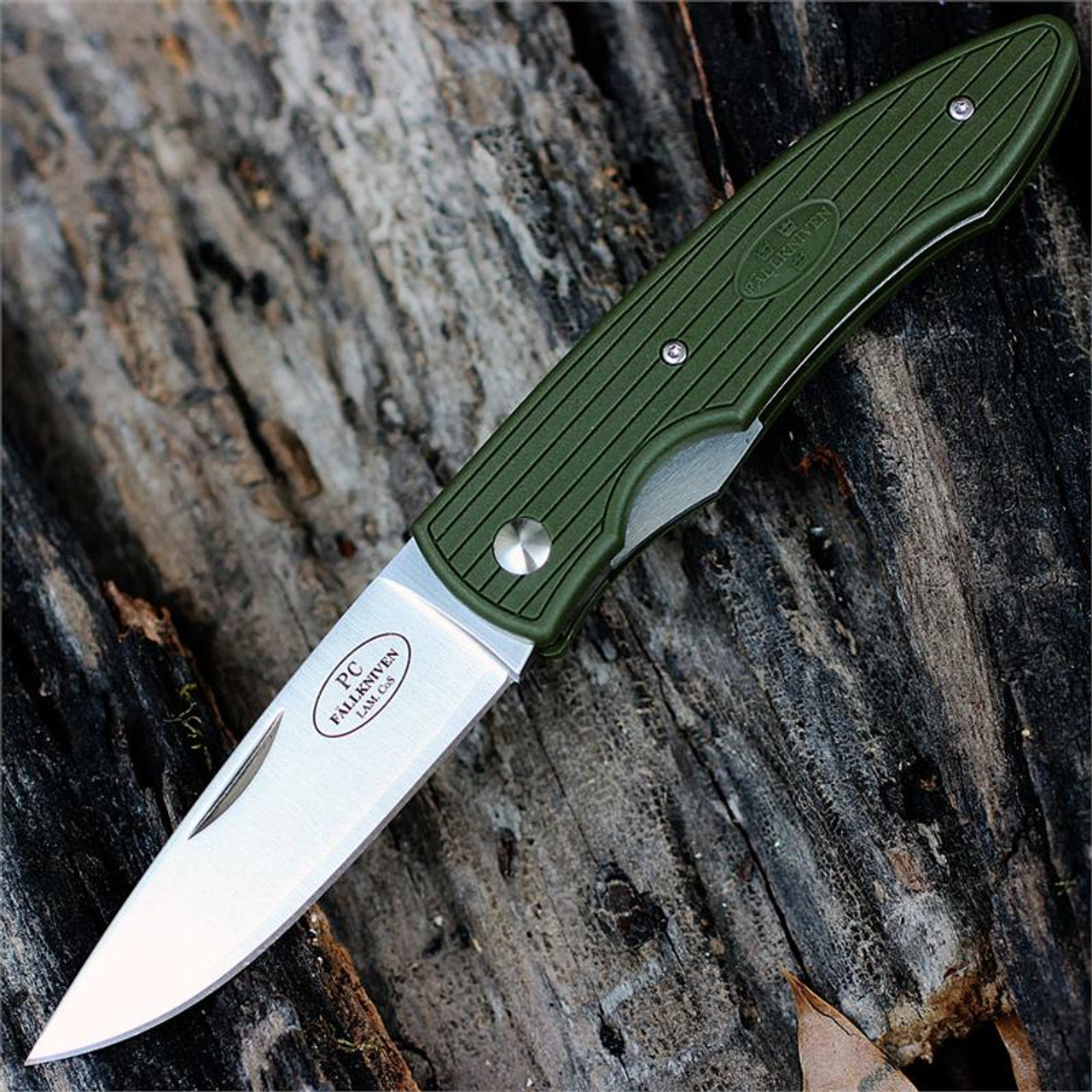 Fallkniven PC Lightweight Folder (FNPCMG) 2.88" Lam.CoS Satin Drop Point Plain Blade, Military Green Grooved Grilon Handle