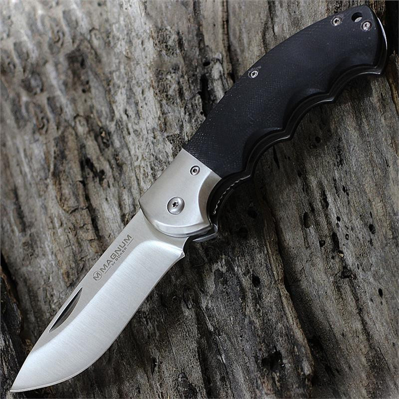 Boker Magnum NW Skinner (01RY526) 3.35" 440A Satin Drop Point Plain Blade, Black Finger Grooved G-10 Handle