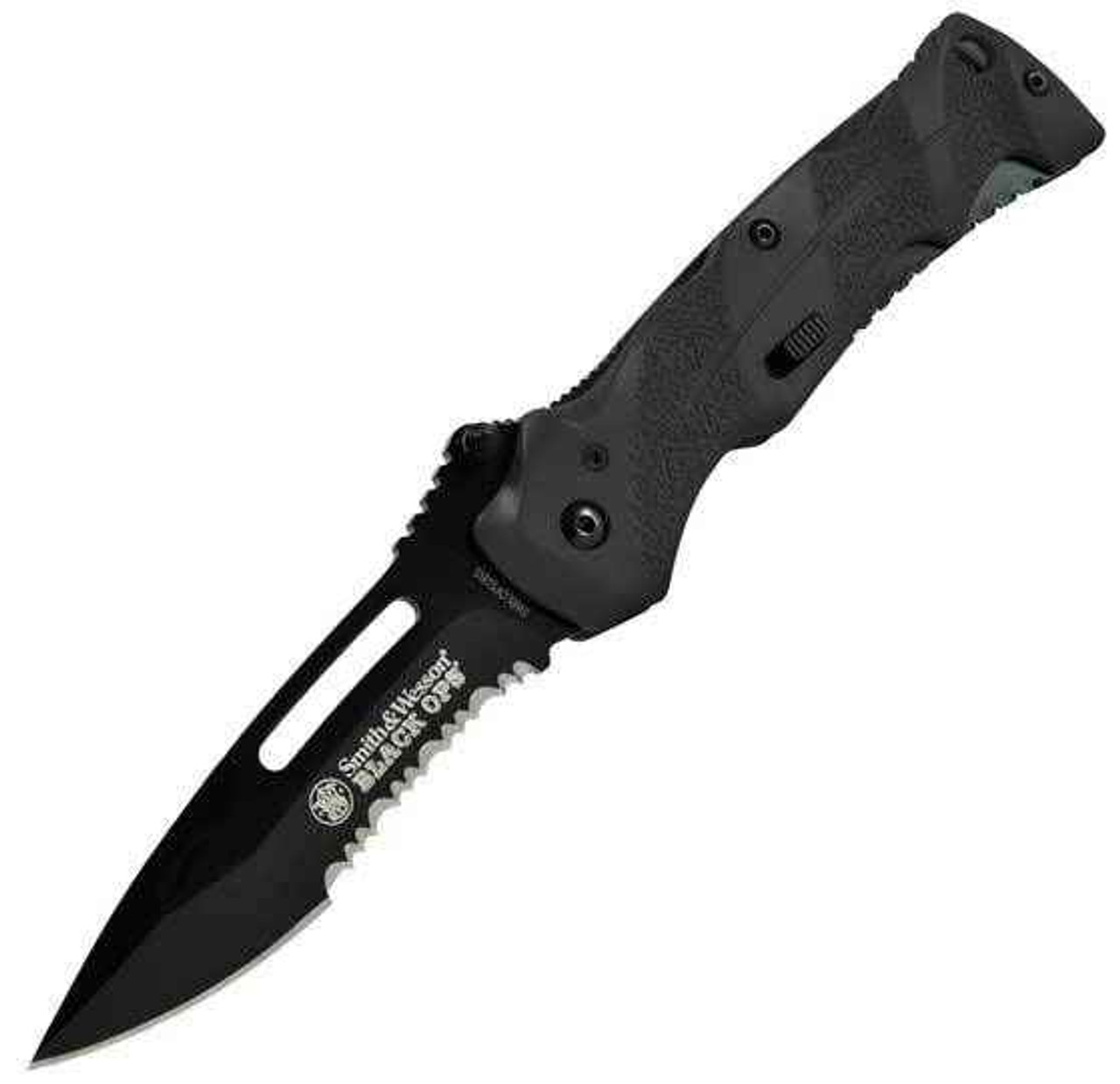 Smith & Wesson Black Ops 2, Black Aluminum Handle, Black Blade, Combo Edge