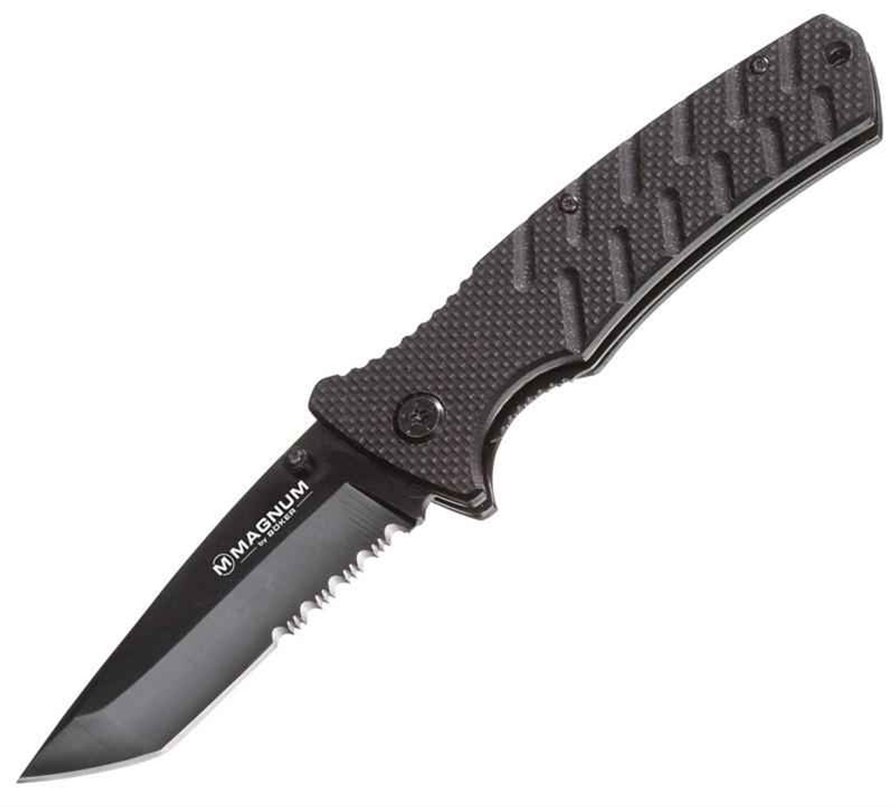 Boker Magnum Security Forces (BOM02815) 3.25" 440 Black Tanto Partially Serrated Blade, Black G-10 Handle